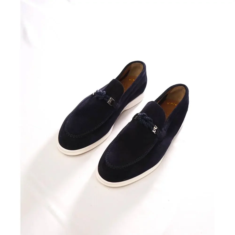 $695 DOUCAL'S - Navy Summer walk Suede Braided Loafers - US 8.5 (41.5EU)